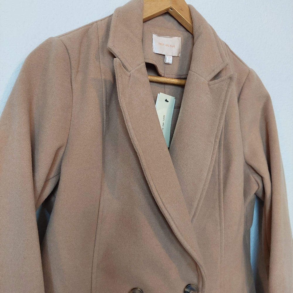 Skies Are Blue Double Breasted Wool Blend Classic Tan Trench Coat Size Small NWT - Picture 2 of 7